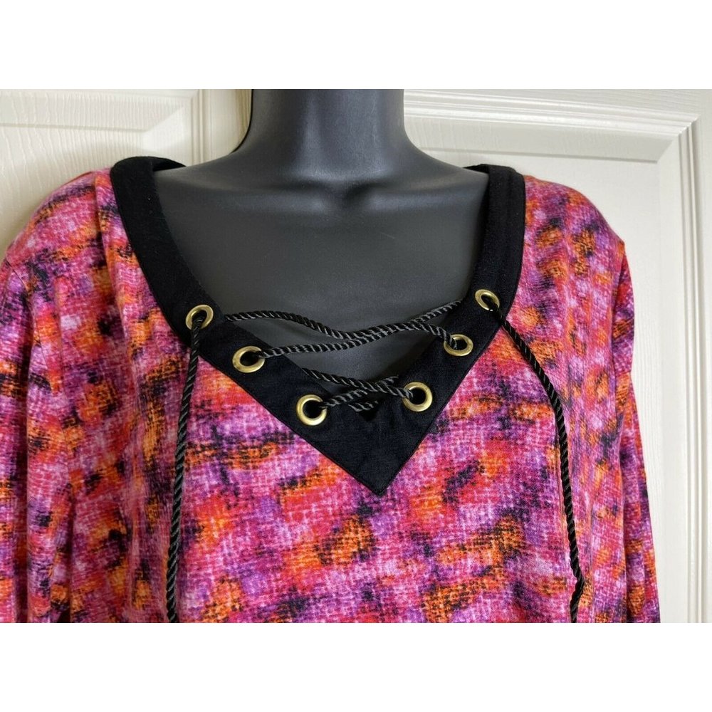 August Silk Top Womens Size XL Long Sleeve Purple Pink Coral Black Stretch Rayon - Picture 2 of 9